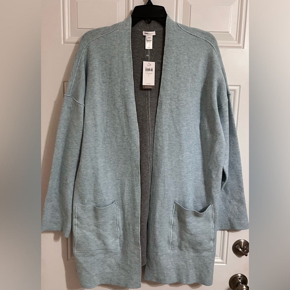 NWT J Jill Reversible Sweater L Petite Cardigan Open Front Gray Blue Long Sleeve - Picture 2 of 7